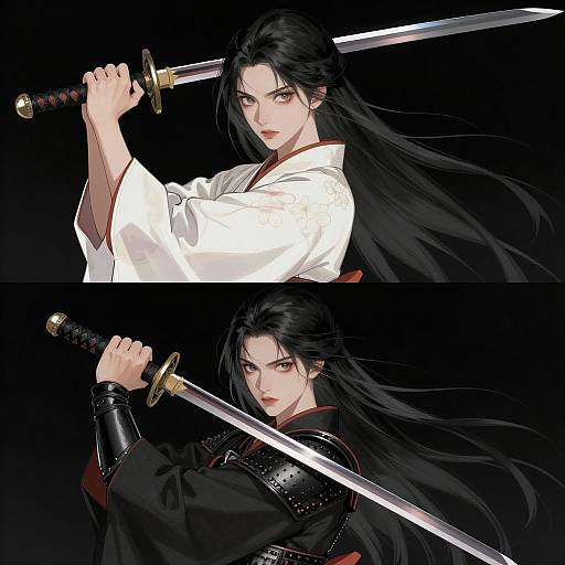 Identical Female Samurai in Dynamic Stance