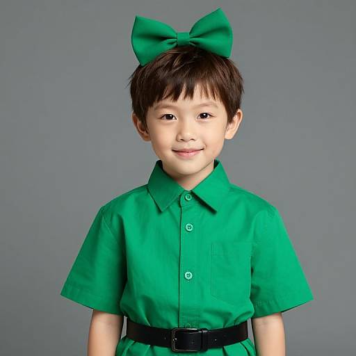 Photograph of a young Asian boy with short black hair, wearing a bright green dress shirt, black belt, and matching green bow, smiling against a