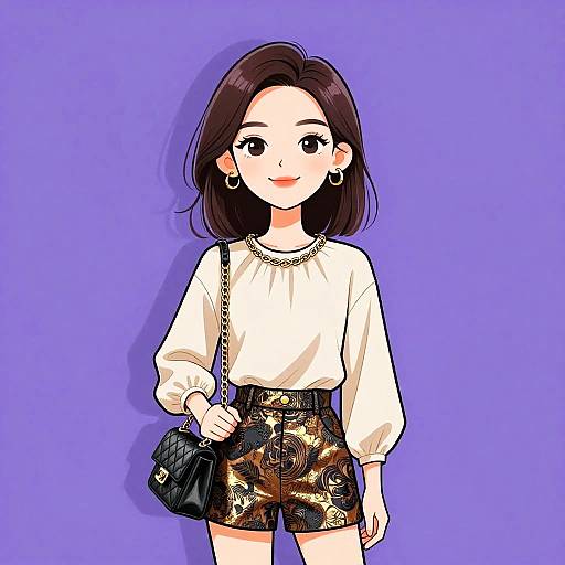 Digital anime-style drawing of a smiling young woman with shoulder-length dark brown hair, wearing a white blouse, gold-patterned shorts, black shoulder bag,