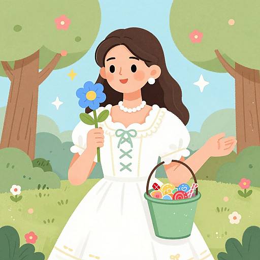 Cartoon illustration of a smiling woman with long brown hair, wearing a white dress, holding a blue flower and a green basket with colorful candies, standing