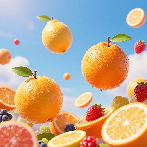 Whimsical Giant Fruits in Vibrant Sky