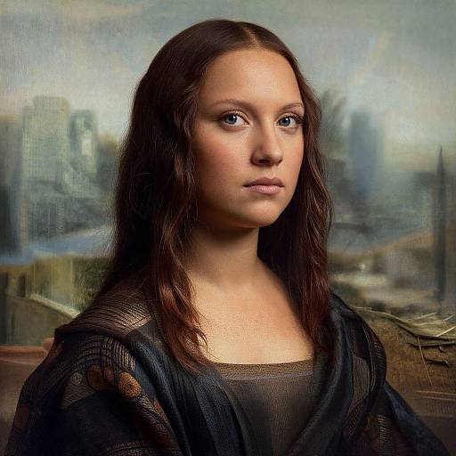 Digital portrait of a young woman with long brown hair, fair skin, and serious expression, wearing a dark, textured robe, against a blurred urban background