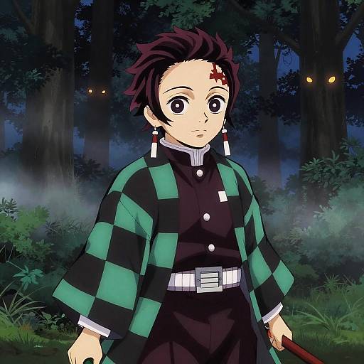 Anime-style digital drawing of a young male character with dark hair, wearing a black and green checkered jacket, standing in a misty forest at night