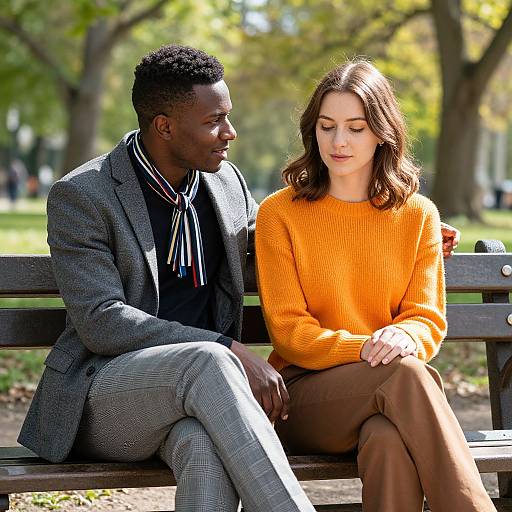 Photograph of a Black man and a white woman sitting on a park bench, him in a gray blazer, her in an orange sweater, both