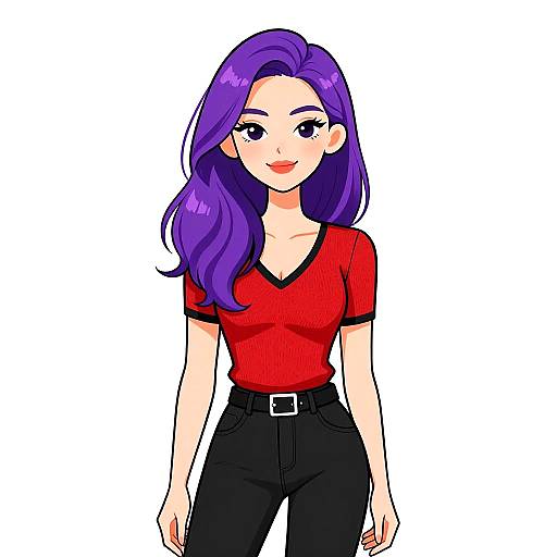 Digital anime-style drawing of a smiling woman with long purple hair, wearing a red V-neck shirt and black pants, white background.
