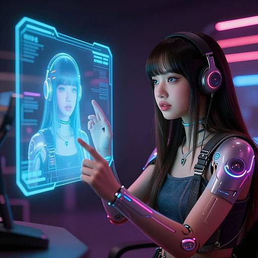 Cyberpunk woman with long black hair, glowing robotic arms, and neon headphones, points at holographic screen of herself in futuristic lab.