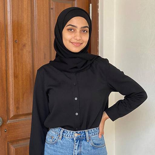 Photograph of a smiling young woman with medium brown skin, wearing a black hijab, black long-sleeve blouse, and blue jeans, standing