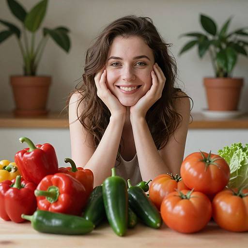 Photograph of a smiling young woman with wavy brown hair, resting her hands on her cheeks, surrounded by red bell peppers, green bell peppers,