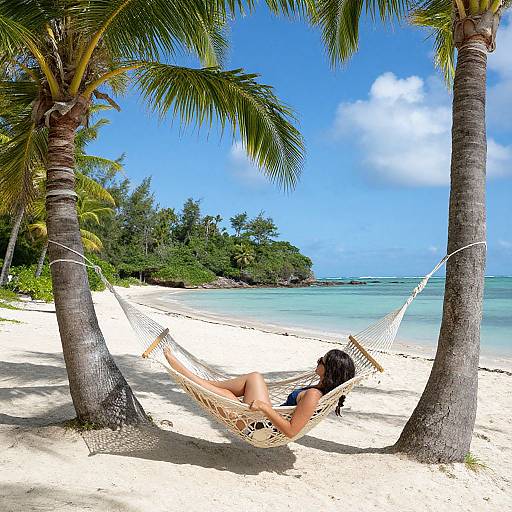 Photograph of a woman with dark hair in a bikini, relaxing in a white hammock between two palm trees on a pristine tropical beach with clear blue