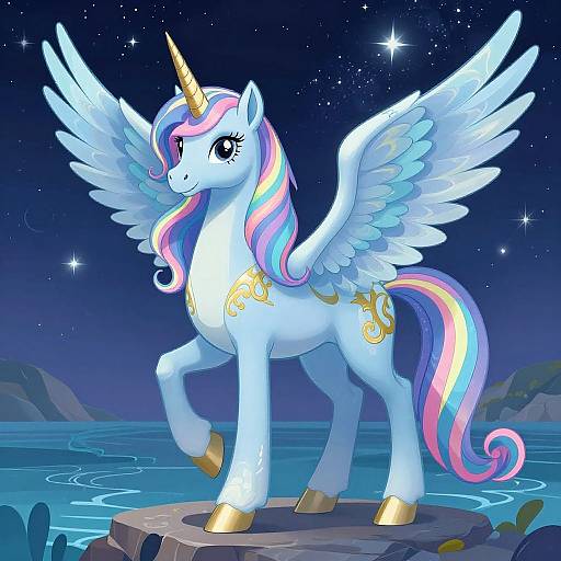 Digital illustration of a white unicorn-pegasus with a colorful mane and tail, golden hooves, and wings, standing on a rock under a