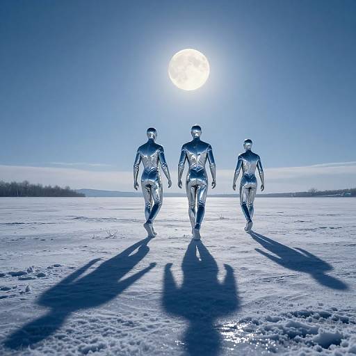 Photograph: Three futuristic, armored figures walk away from a glowing sun on a frozen, reflective surface, casting long shadows. Blue monochromatic.