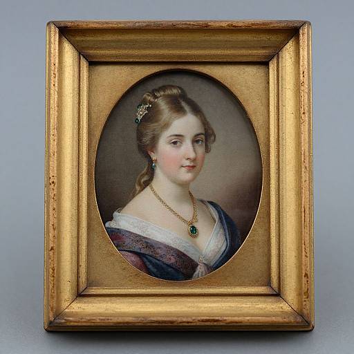 Photograph of an oval portrait of a young, fair-skinned woman with brown hair, wearing a blue dress, white lace, gold necklace, and