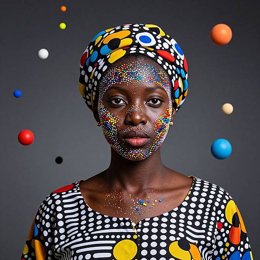 Photograph of a dark-skinned woman with colorful abstract body paint and matching headwrap, wearing a black and white patterned dress, against a dark