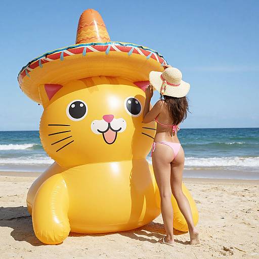Photograph of a woman in a pink bikini and straw hat, standing beside a giant inflatable orange cat wearing a sombrero on a sunny beach with clear