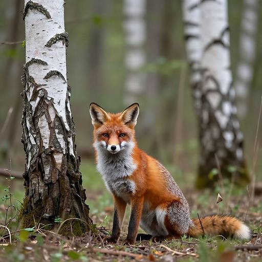 Photograph of a red fox with striking orange fur, white underbelly, and black-tipped ears, sitting alertly between two birch trees