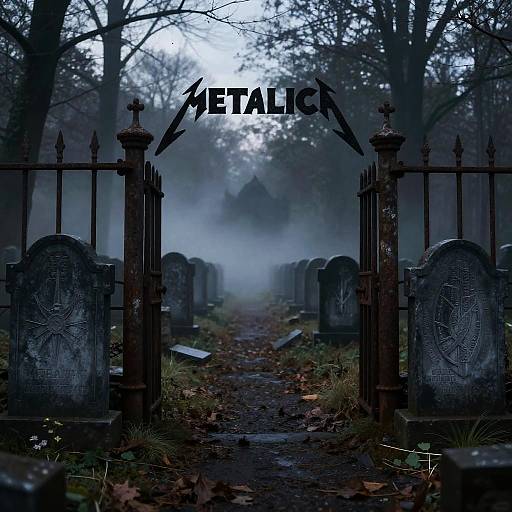 Photograph of a foggy, eerie cemetery with an iron gate featuring 