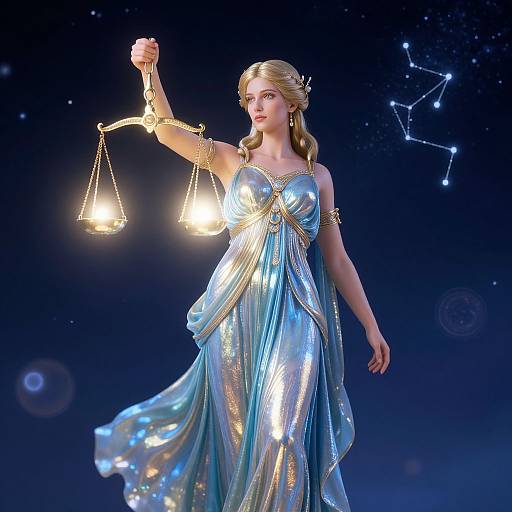 Digital illustration of a blonde woman in a shimmering blue and gold gown, holding a balanced scale, against a starry night sky with constellation patterns.