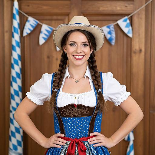 Photograph of a smiling woman with braided brown hair, wearing a blue dirndl, white blouse, and beige hat, in front of wooden doors