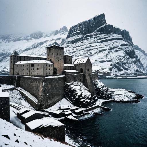 Snow-Covered Stone Fortress by Medieval Harbor