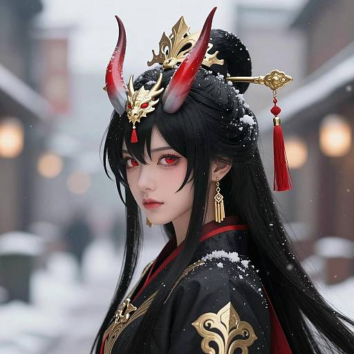 Anime Female Character with Red Horns and Ornate Headdress