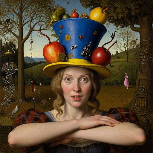 Digital art of a pale-skinned woman with wavy blonde hair, wearing a surreal blue top hat adorned with fruits and insects, in a detailed,