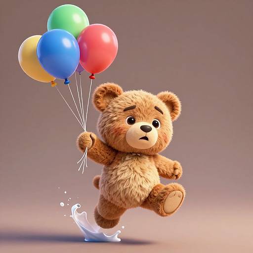 CGI image of a cute, fluffy brown teddy bear with wide eyes, jumping while holding colorful balloons (red, green, blue, yellow)