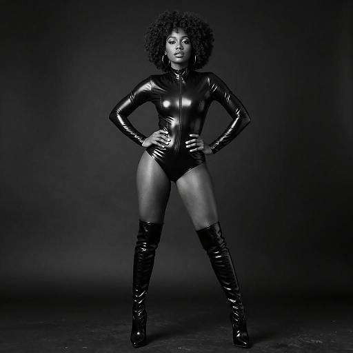 Confident Woman in Latex Bodysuit and Thigh-High Boots