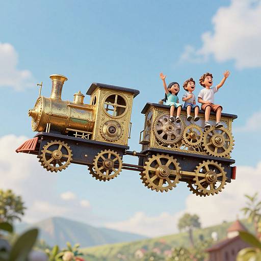 Photograph of a gold, gear-driven toy train with two excited children waving, set against a bright blue sky and green hills.