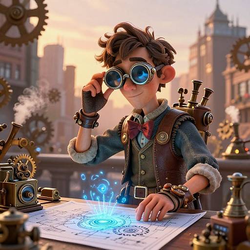 Steampunk boy with curly brown hair, blue goggles, and brown vest, draws blue magical circle on paper, surrounded by gears and gadgets. Digital