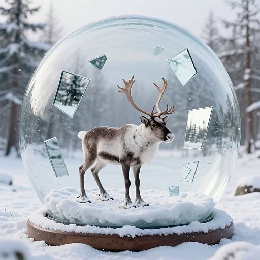 Photograph of a small reindeer with antlers inside a snow-covered glass snow globe, set in a snowy forest with pine trees.