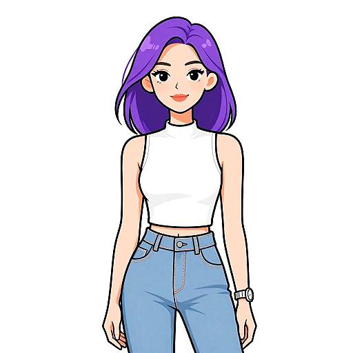 Illustration of Woman with Purple Hair and Casual Outfit