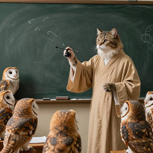 Photograph of a fluffy tabby cat in a beige robe, holding a pointer, lecturing to stuffed owls in front of a chalkboard.