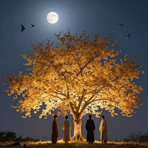 Photograph of five silhouetted people standing under a glowing, orange-lit tree, with a full moon and birds in the dark blue night
