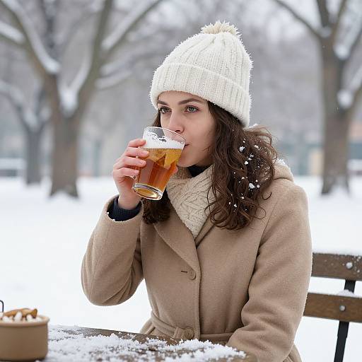 Photograph of a young woman with curly brown hair, wearing a white knit beanie and beige coat, sipping beer in a snowy park.