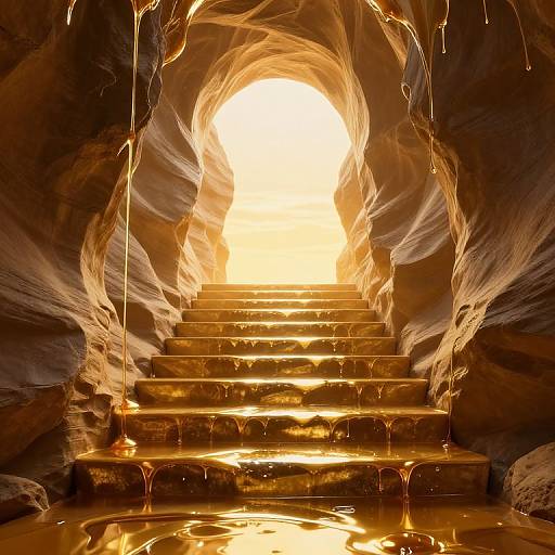 Photograph of a glowing, golden-lit cave staircase with dripping, amber liquid on wet stone steps, creating a mystical, ethereal atmosphere.