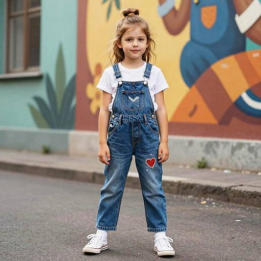 Photograph of a young girl with light brown hair in a bun, wearing blue denim overalls, white shirt, and white sneakers, standing on a