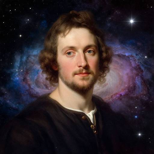 Digital portrait of a fair-skinned, brown-haired man with a beard, wearing a black shirt, against a cosmic nebula background.