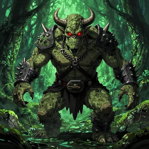 Digital illustration of a muscular, green-skinned, horned orc with glowing red eyes, wearing spiked armor and a black loincloth, standing in