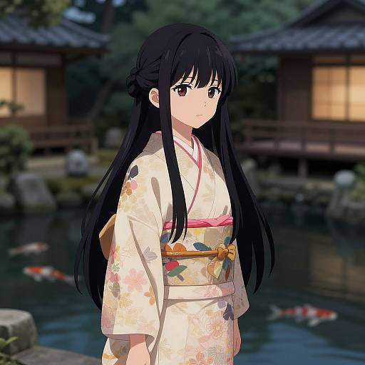 Anime-style illustration of a young woman with long black hair, wearing a floral white kimono, standing by a tranquil pond with koi fish and traditional