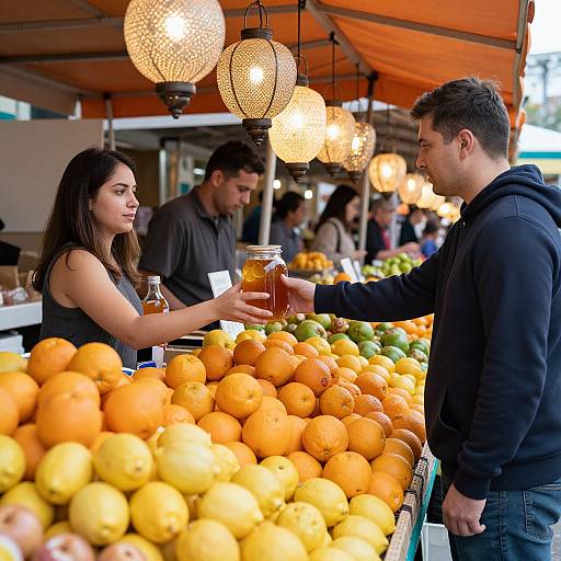 Photograph of a market stall with orange and lemon piles, a woman in a sleeveless top and a man in a hoodie exchanging a jar of honey