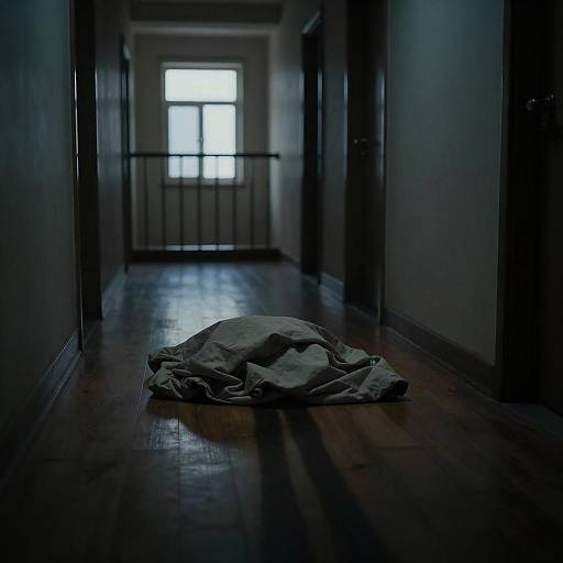 Eerie Dim Hallway with Shadowed Legs