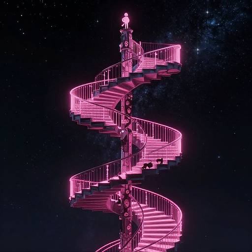 Digital artwork of a neon pink spiral staircase against a starry night sky, with a figure standing at the top.