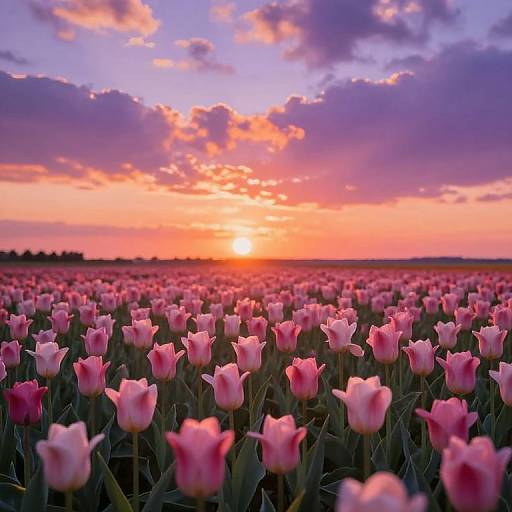 Photograph of a vast field of pink tulips at sunset, with a vibrant orange and purple sky, and scattered clouds.