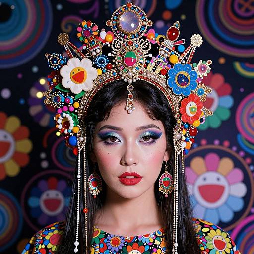 Photograph of an Asian woman with vibrant, colorful floral headpiece, bold blue eyeshadow, red lipstick, and flower-patterned dress, set