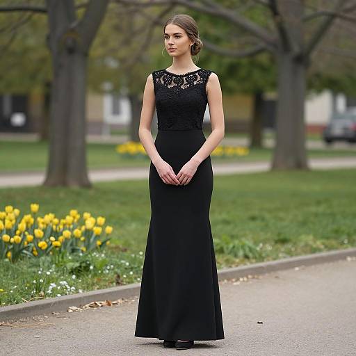 Elegant Woman in Black Formal Dress in Park