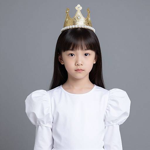 Photograph of an Asian girl with straight black hair, wearing a white dress with puffy sleeves and a gold crown, against a gray background.