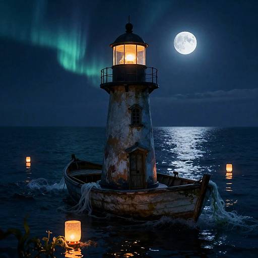 Eerie Lighthouse Keeper Under Aurora