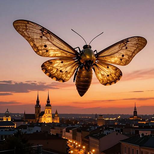 Glowing, giant insect with translucent wings flies over a sunset cityscape, silhouetted against orange and purple skies with illuminated Gothic-style buildings