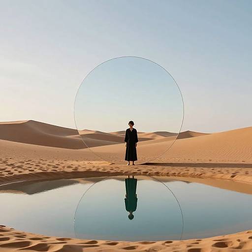 Silhouetted figure in long coat stands before reflective pool in desert, with large circular overlay and dunes under clear sky.