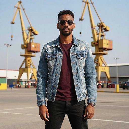 Photograph of a black man with short curly hair, beard, and sunglasses, wearing a distressed denim jacket over a maroon shirt, black pants,
